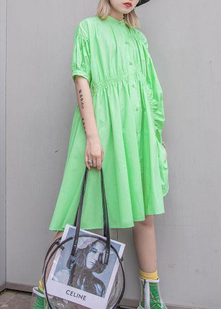 Natural Green Cotton Quilting Clothes Cinched Midi Summer Shirt Dresses