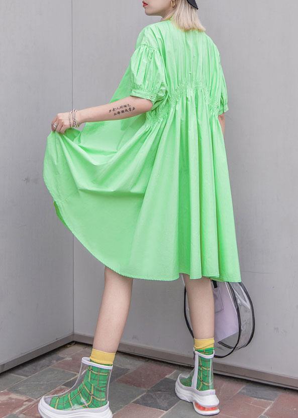 Natural Green Cotton Quilting Clothes Cinched Midi Summer Shirt Dresses