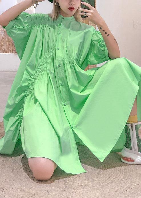 Natural Green Cotton Quilting Clothes Cinched Midi Summer Shirt Dresses