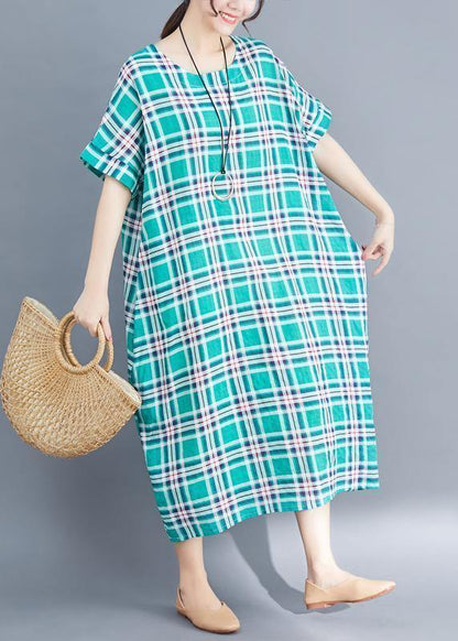 Natural Green Cotton Clothes Sleeve Plaid Clothing Summer Dress