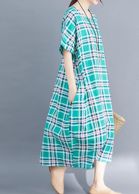 Natural Green Cotton Clothes Sleeve Plaid Clothing Summer Dress
