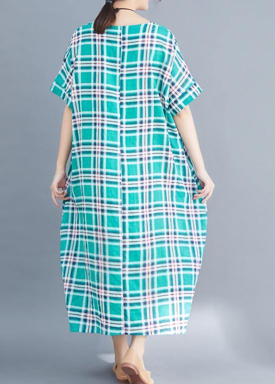 Natural Green Cotton Clothes Sleeve Plaid Clothing Summer Dress