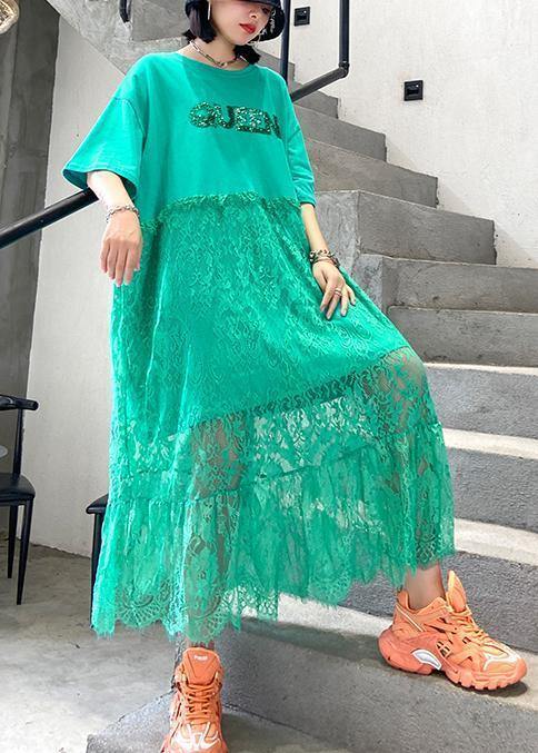 Natural Green Cotton Clothes O Neck Patchwork Lace Maxi Dresses