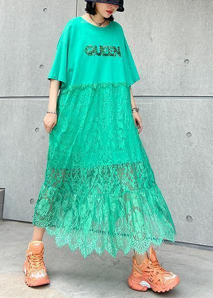 Natural Green Cotton Clothes O Neck Patchwork Lace Maxi Dresses