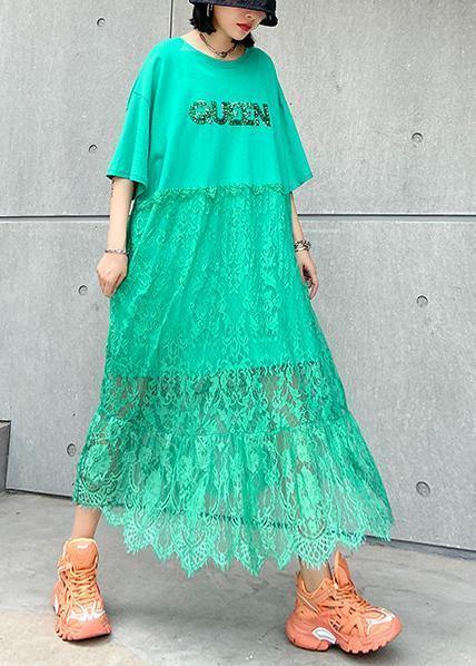 Natural Green Cotton Clothes O Neck Patchwork Lace Maxi Dresses