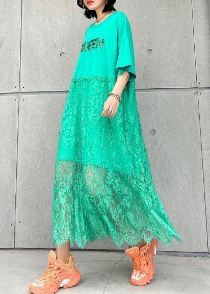 Natural Green Cotton Clothes O Neck Patchwork Lace Maxi Dresses
