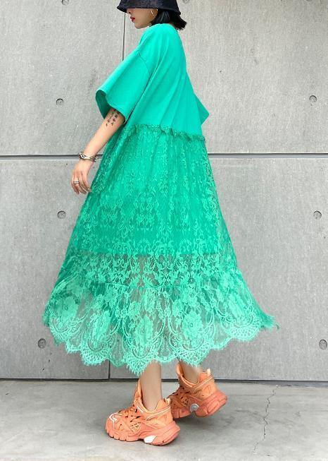 Natural Green Cotton Clothes O Neck Patchwork Lace Maxi Dresses