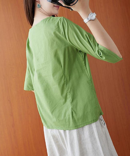 Natural Green Embroidery Clothes O Neck Bow Tunic