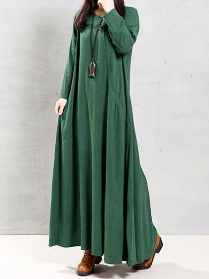 Natural Green Linen Clothes O Neck Patchwork Robe Spring Dress