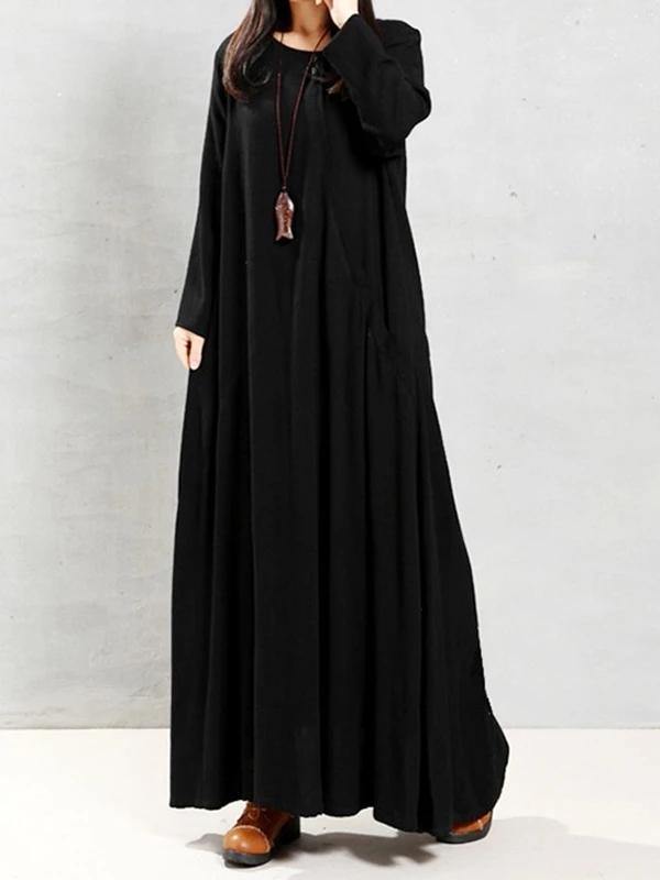 Natural Green Linen Clothes O Neck Patchwork Robe Spring Dress