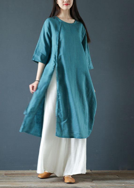 Natural Green Linen Dresses O Neck Side Open Cotton Dress