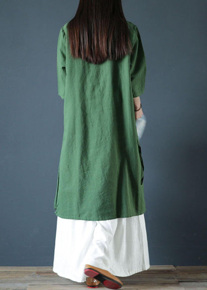 Natural Green Linen Dresses O Neck Side Open Cotton Dress
