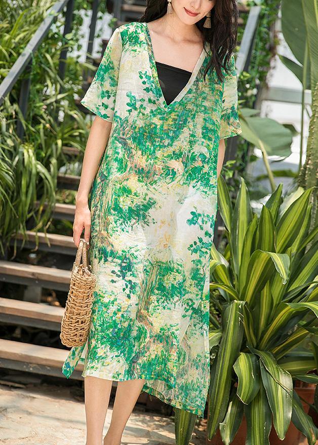 Natural Green Print Linen Wardrobes V Neck Side Open Maxi Summer Dresses