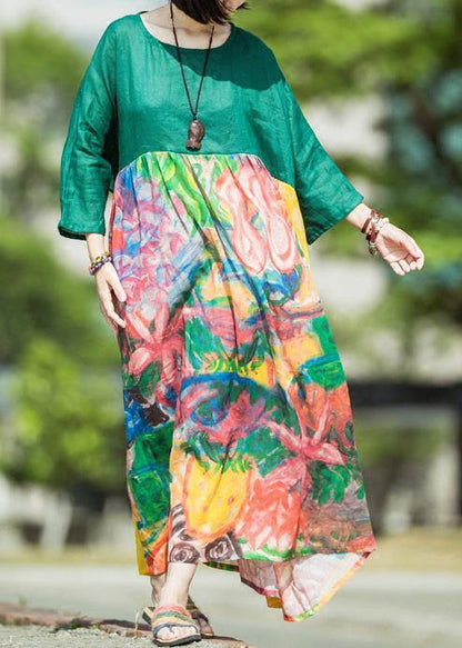 Natural Green Print Linen Clothes for O Neck Patchwork Kaftan Summer Dress