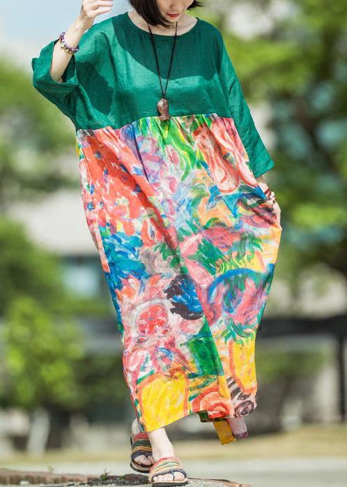 Natural Green Print Linen Clothes for O Neck Patchwork Kaftan Summer Dress