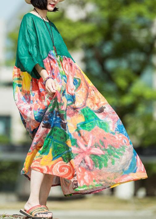 Natural Green Print Linen Clothes for O Neck Patchwork Kaftan Summer Dress