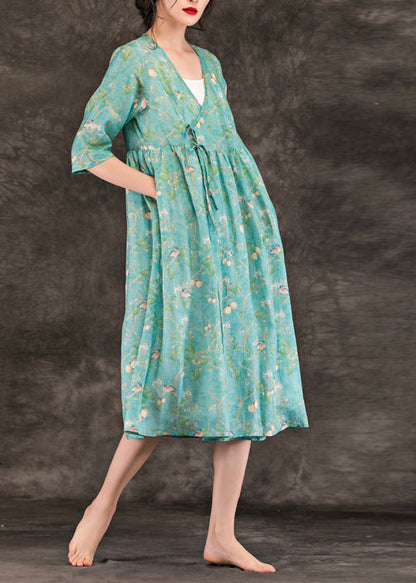 Natural Green Print Linen Clothes Stylish Neckline V Neck Tie Waist Knee Summer Dresses