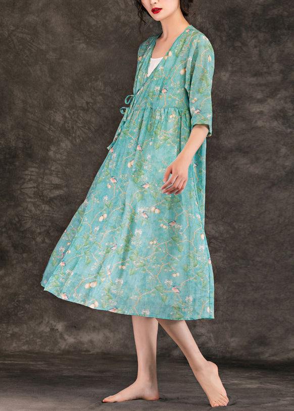Natural Green Print Linen Clothes Stylish Neckline V Neck Tie Waist Knee Summer Dresses