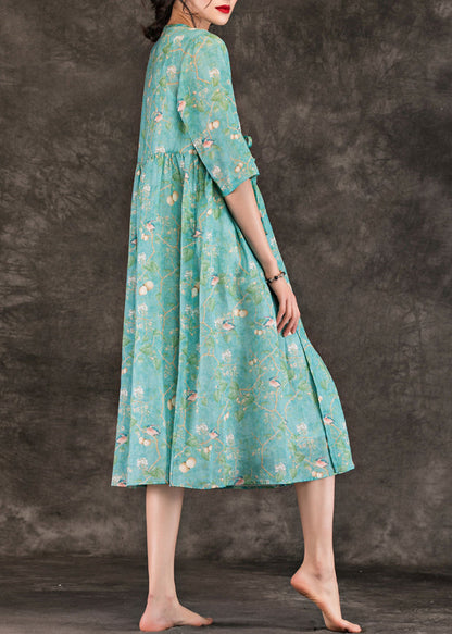 Natural Green Print Linen Clothes Stylish Neckline V Neck Tie Waist Knee Summer Dresses