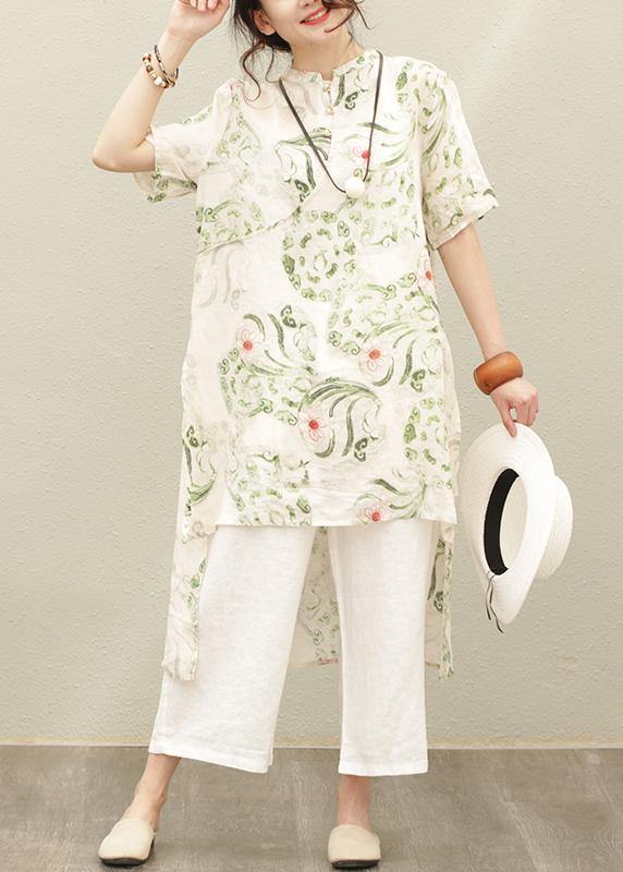 Natural Green Print Linen Linen Tops Blouses Stand Collar Asymmetric Silhouette Tops