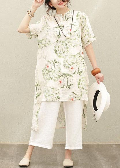 Natural Green Print Linen Linen Tops Blouses Stand Collar Asymmetric Silhouette Tops