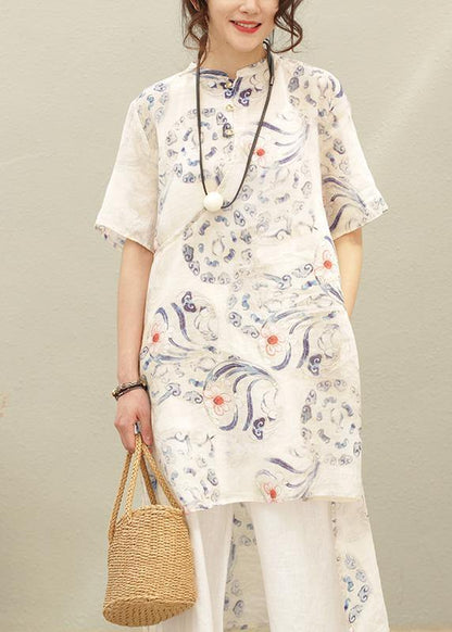 Natural Green Print Linen Linen Tops Blouses Stand Collar Asymmetric Silhouette Tops