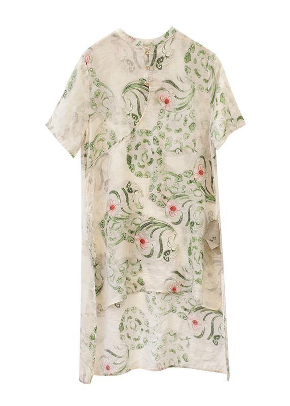 Natural Green Print Linen Linen Tops Blouses Stand Collar Asymmetric Silhouette Tops