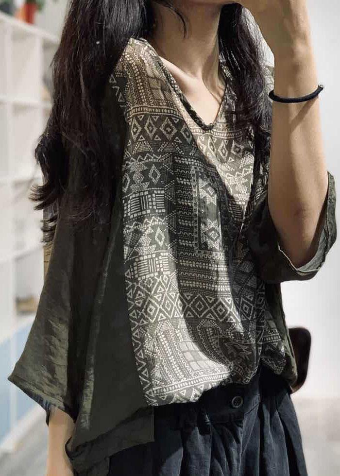 Natural Green Prints Cotton Tunic Top V Neck Clothing Blouse