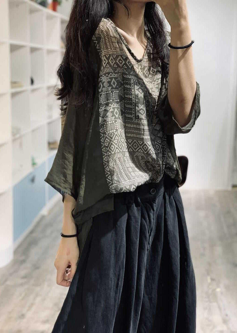 Natural Green Prints Cotton Tunic Top V Neck Clothing Blouse