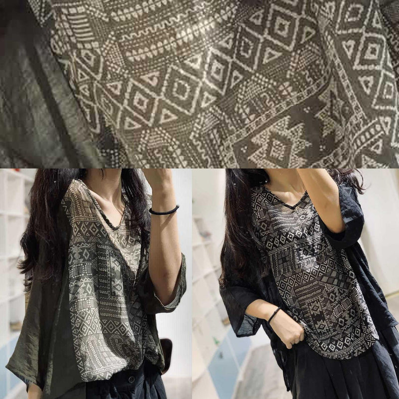 Natural Green Prints Cotton Tunic Top V Neck Clothing Blouse