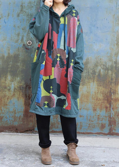 Natural Green Prints Cotton Tunics for Patchwork Long Hooded Dress