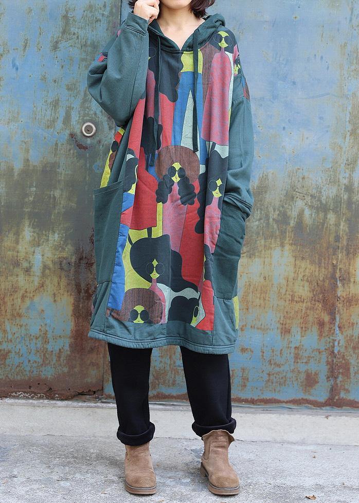 Natural Green Prints Cotton Tunics for Patchwork Long Hooded Dress