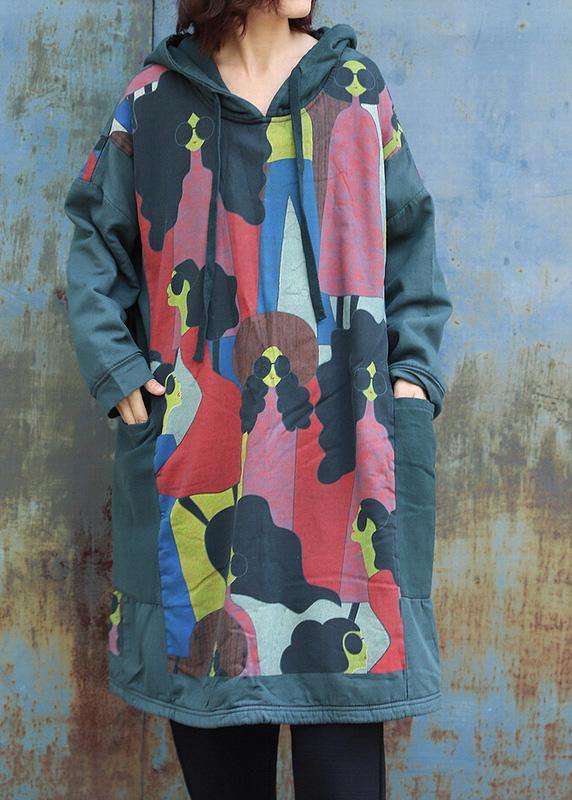 Natural Green Prints Cotton Tunics for Patchwork Long Hooded Dress