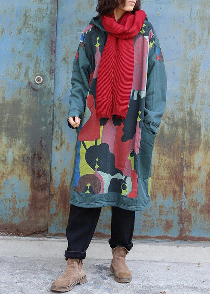Natural Green Prints Cotton Tunics for Patchwork Long Hooded Dress