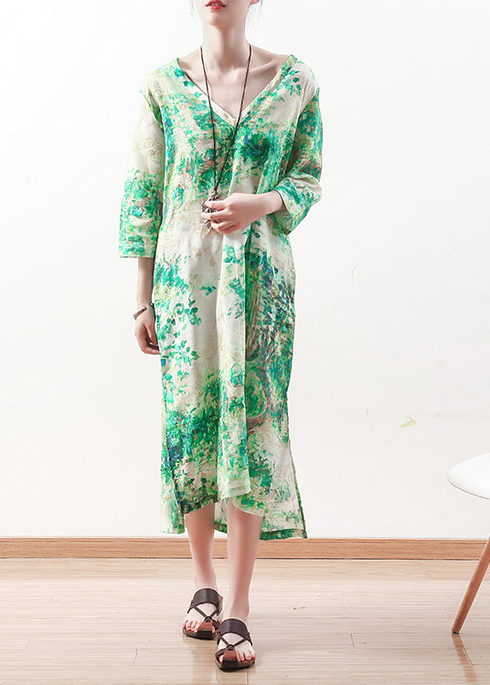 Natural Green Prints Linen Clothes Outfits V Neck Maxi Summer Dress