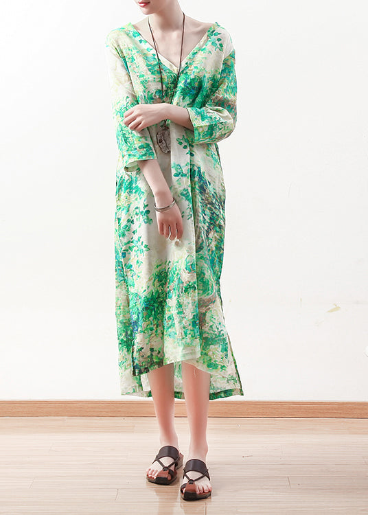 Natural Green Prints Linen Clothes Outfits V Neck Maxi Summer Dress