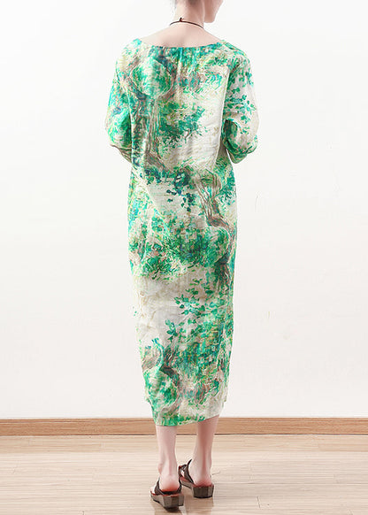 Natural Green Prints Linen Clothes Outfits V Neck Maxi Summer Dress