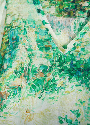 Natural Green Prints Linen Clothes Outfits V Neck Maxi Summer Dress