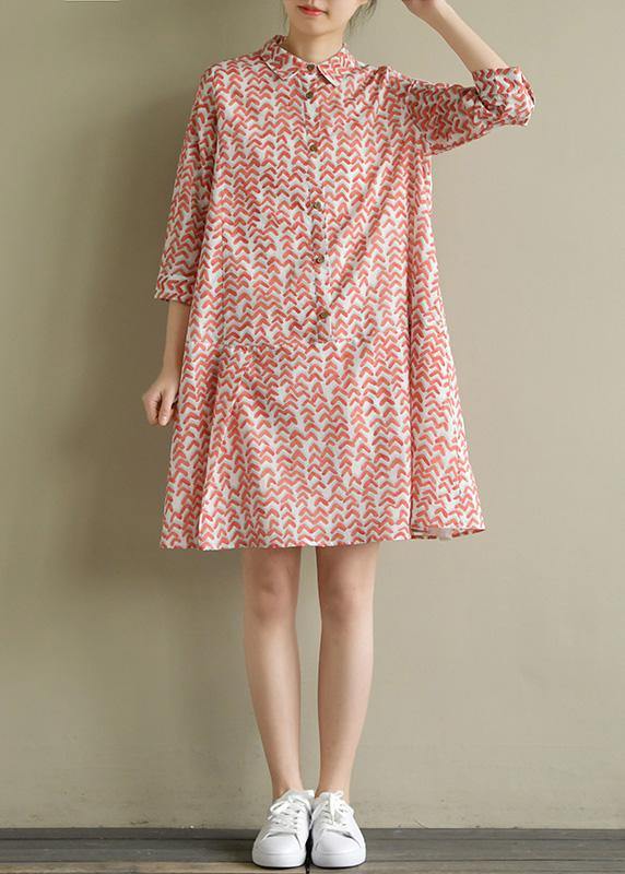 Natural Half Sleeve Lapel Chiffon Long Shirts Work Red Print Dress Summer