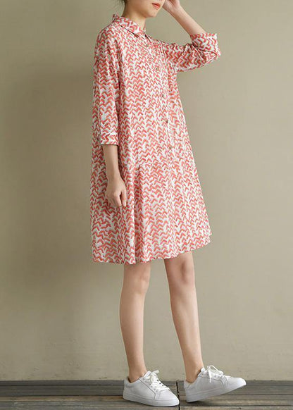 Natural Half Sleeve Lapel Chiffon Long Shirts Work Red Print Dress Summer