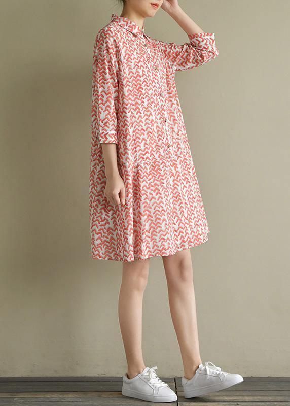 Natural Half Sleeve Lapel Chiffon Long Shirts Work Red Print Dress Summer