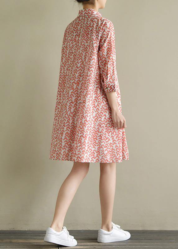 Natural Half Sleeve Lapel Chiffon Long Shirts Work Red Print Dress Summer