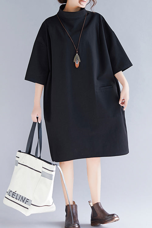 Natural High Neck Half Sleeve Knit Dresses Mom Knit Black Baggy Dress Spring