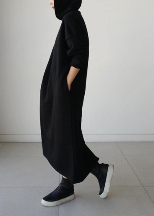 Natural Hooded Batwing Sleeve Cotton Tunics Runway Black Long Dresses