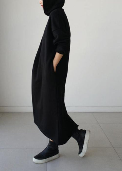 Natural Hooded Batwing Sleeve Cotton Tunics Runway Black Long Dresses