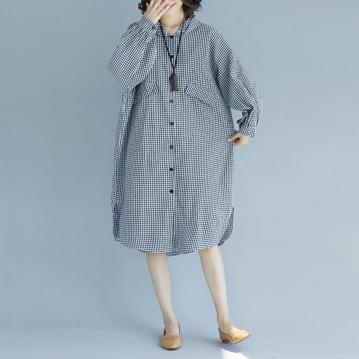 Natural Hooded Cotton Tunics Design Black White Plaid Baggy Dress