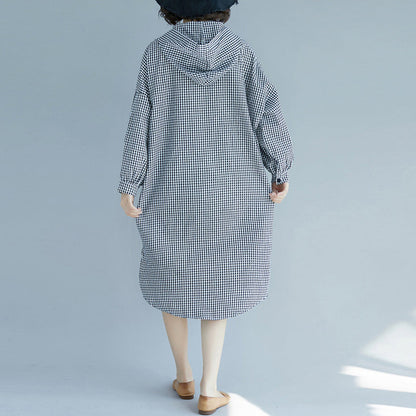 Natural Hooded Cotton Tunics Design Black White Plaid Baggy Dress