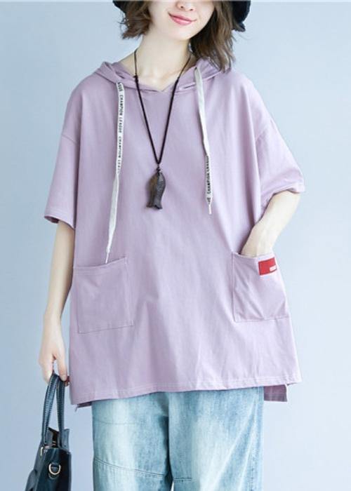 Natural Hooded Pockets Cotton Summer Blouses for Tutorials Purple Blouses