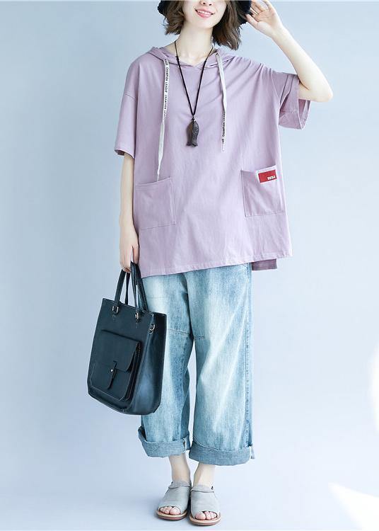 Natural Hooded Pockets Cotton Summer Blouses for Tutorials Purple Blouses