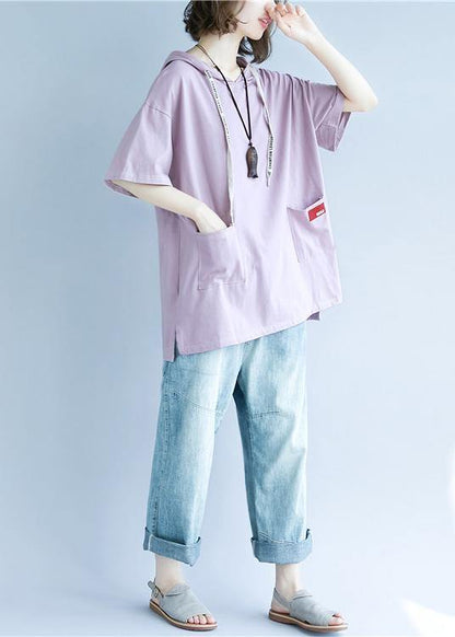Natural Hooded Pockets Cotton Summer Blouses for Tutorials Purple Blouses